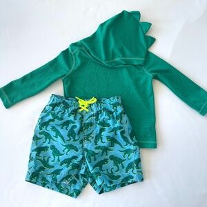 2pc Baby Gap Boys Swim Trunks & Rashguard Shirt w Hood Dinosaurs Sz 18-24M EUC